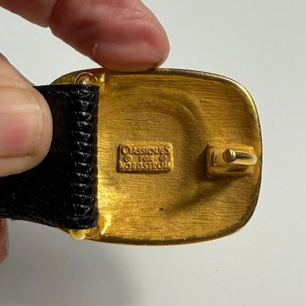 Ben-Amun Vintage Black Textured Leather Statement Belt Gold Ornate Cross Buckle